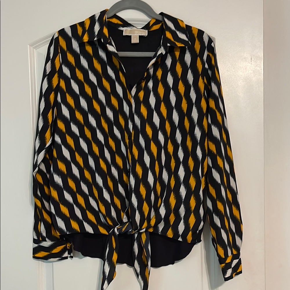 Michael Kors Black Gold and White 3/4 Sleeve Button Down Shirt Tie front